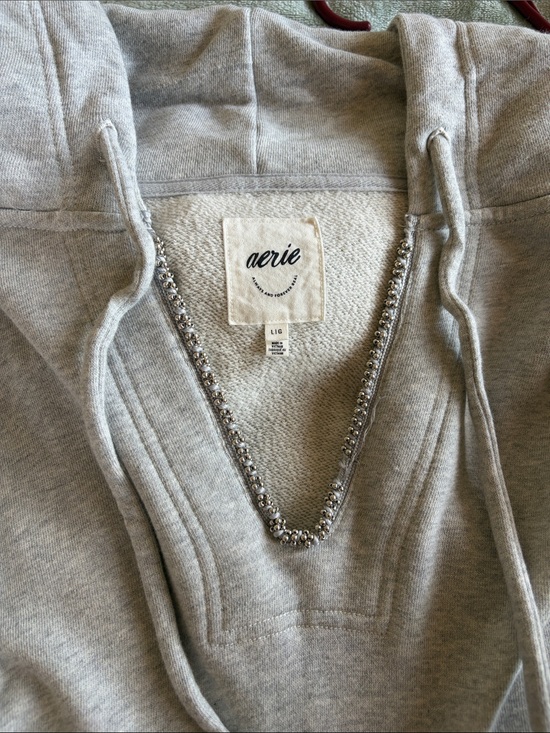 aerie Sweaters - Aerie Light Gray Hooded Sweatshirt with Silver Beaded Trim